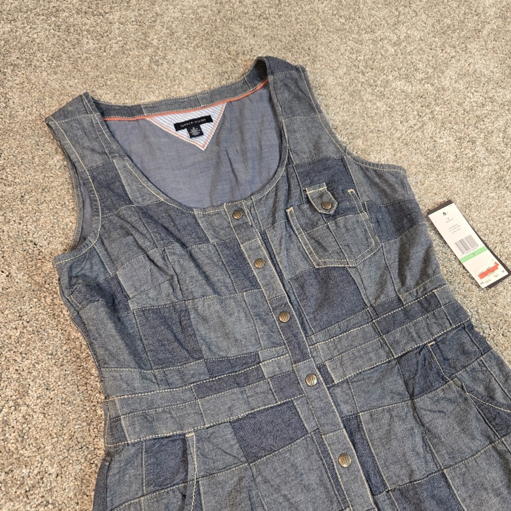 Tommy Hilfiger Womans Sleeveless Patchwork Denim Scoop Neck Size 8 Pockets Snap‎
